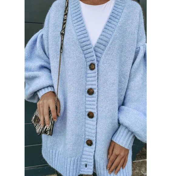 Zara Alpaca Wool Hair Oversized Balloon Sleeve Cardigan Sweater Blue Size Medium - Picture 1 of 8